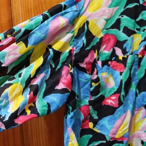Vintage Beached Crazy Bright Funky Tropical Bold Floral Button Down Shirt LG - Picture 3 of 12